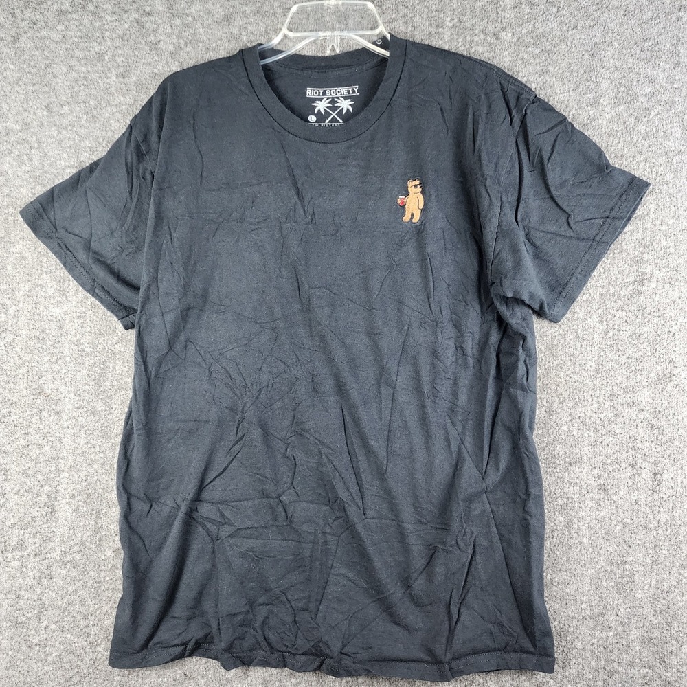 Riot Society T-Shirt Mens Large Black Embroidered‎ Party Bear Short Sleeve Tee